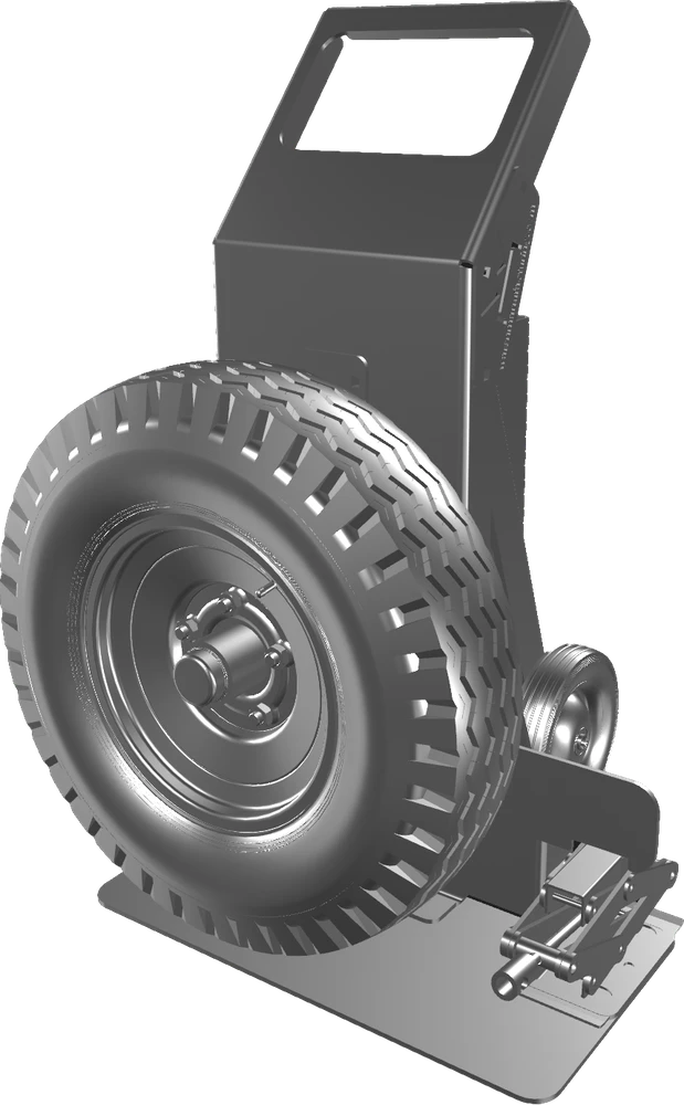 A portable tire changing station on a 2-wheel cart